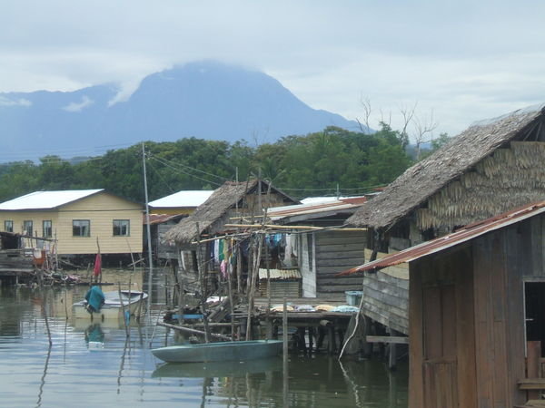 Mengkabong Water Village with Mount Kinabalu in the background