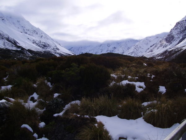 View up the Hooker Valley of Mt Cook in the clouds 