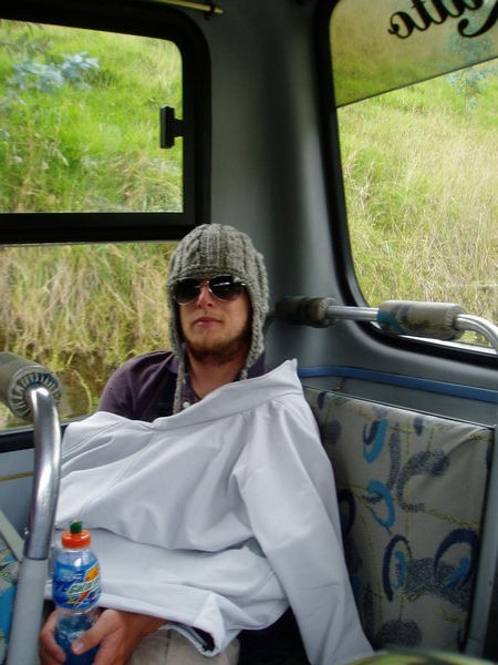 James with the silly hat........and its raining.