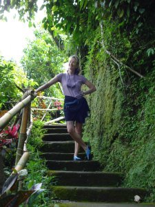 Jerri on the myriad of steps up and down to the waterfall