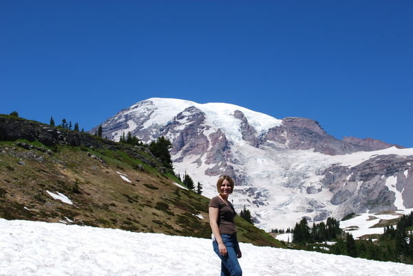 Jennifer and the snowfields at Paradise