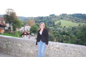 Jennifer and the countryside at Predjama Castle