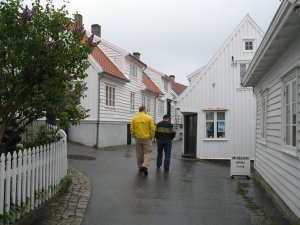 Mike and Uncle Knut walking through Skudeneshavn