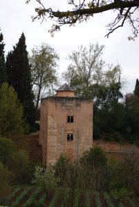 View of a building from the Generalife Gardens at the Alhambra