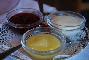 Yummy jam, clotted cream, and lemon butter at the White Heather Tea House 