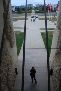 Looking up at the entrance to the Caen Memorial Museum