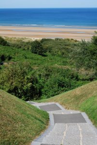 View from the bluff overlooking Omaha Beach at the WWII Normandy American Cemetery and Memorial