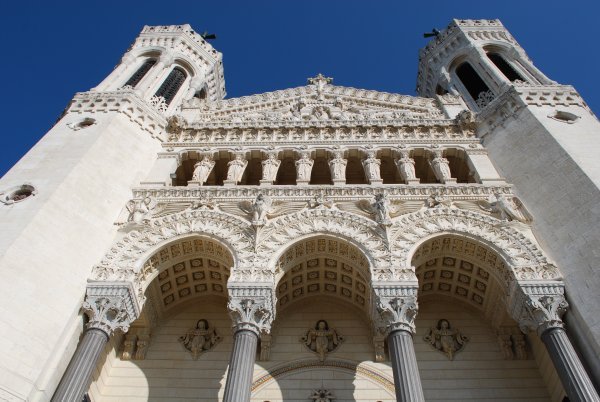 Looking up at Notre-Dame de Fourviere of Lyon