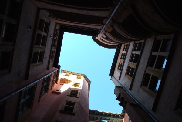 Looking up at a courtyard in Vieux Lyon