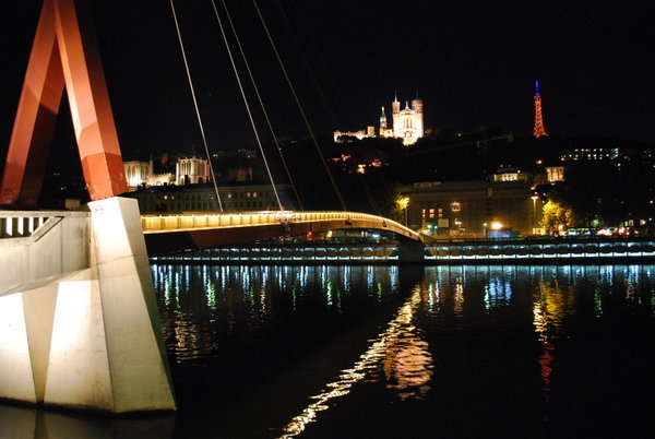 Riverside view of Lyon at night