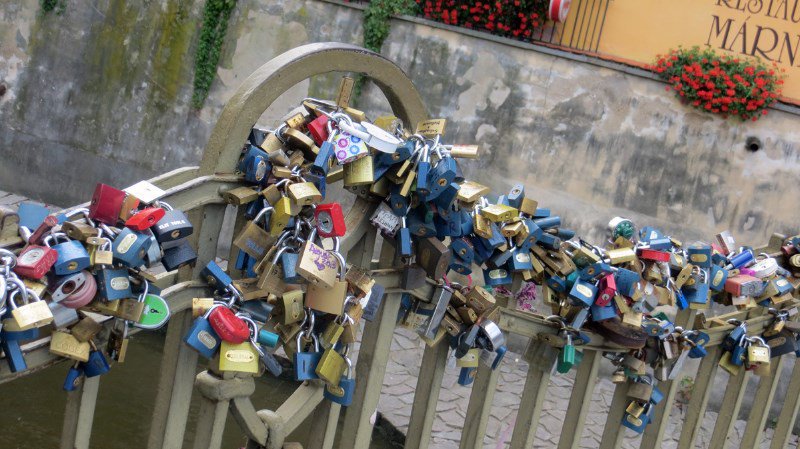 locks on a bridge in Prague