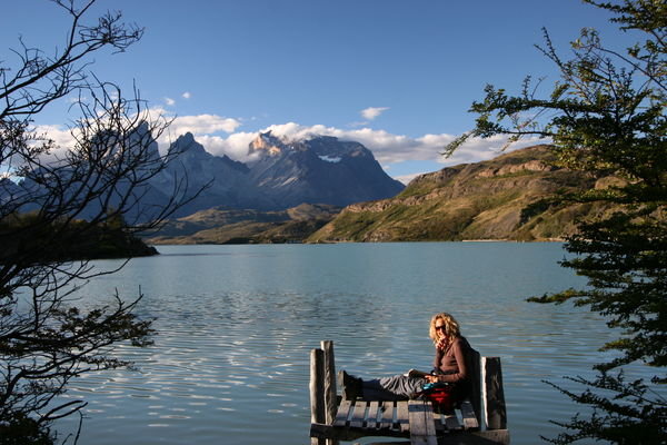 Enjoying a snippet of sunshine by Lago Pehoe