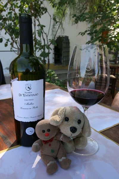 Harriet and the little man enjoy a nice glass of malbec