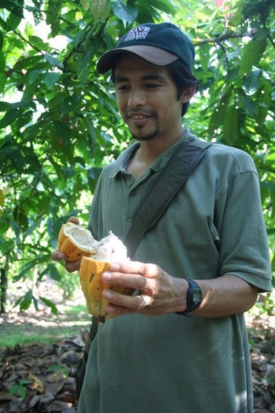 Alex our tour guide with a cocoa fruit