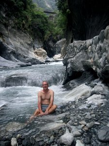 Me enjoying the Wenshan hot springs in the narrow valley