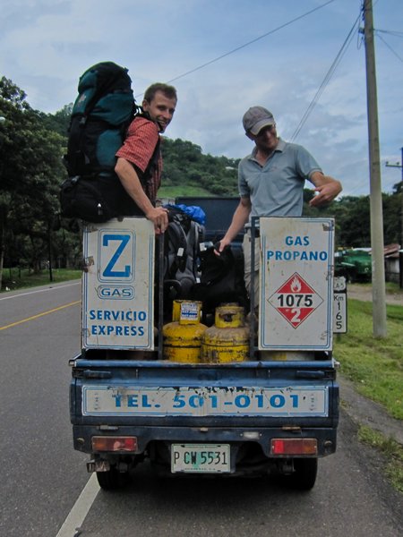 One of countless hitch-hikes - this one on the back of a gas bottle truck