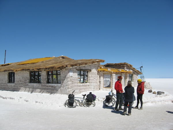 Pablo fielding the questions from curious onlookers at the "Salt Hotel" on the Salar de Uyuni