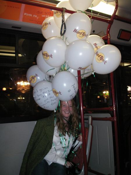 covered in balloons on the bus