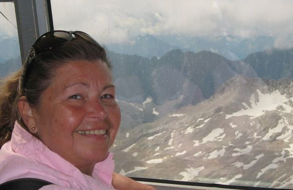 Lynne riding the gondola up to Zugspitz