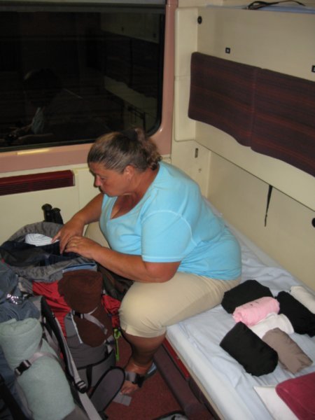 Lynne in our train cabin