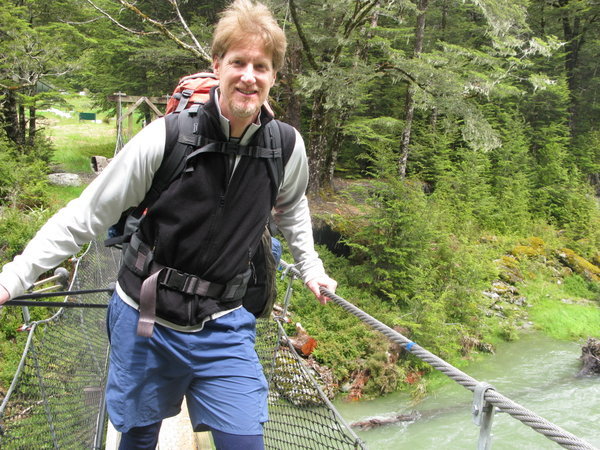 Gregg on the First Swinging Bridge