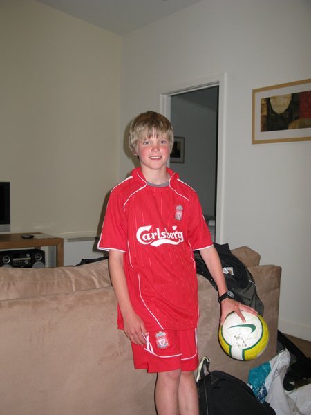 Avery in his new soccer gear - Liverpool FC