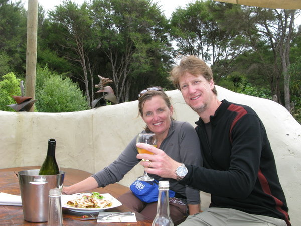 Ah, now this is tramping...a bottle of wine at lunch at Awaroa Lodge!
