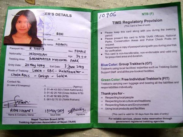 My trekking permit to Sagarmatha National Park