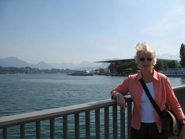 Mum on the Seebrucke looking over Lake Luzern and Mount Pilatus in the background