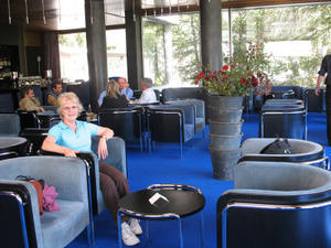 Mum relaxing in the lounge bar at Vals Therme Baths