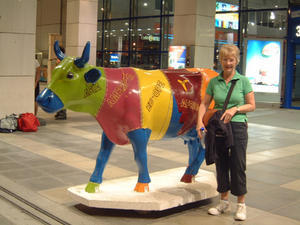 Mum at Athens Airport with a friendly cow!