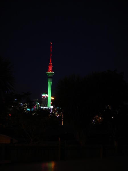 The Sky Tower lit up in Christmas colours