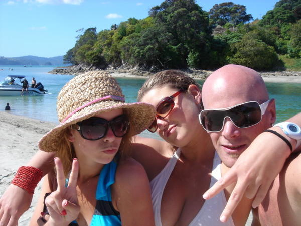 Bex, Steph and I posing by the river at Cooks Beach