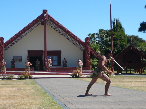 Being welcomed to the Maori village