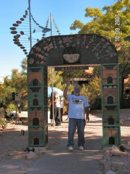 Jim pointing to the arch in Santa Fe