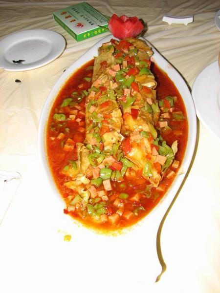 "Fish" dish made from mashed potato and tofu skin