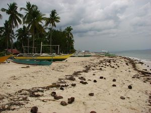 Debris and boats on beach