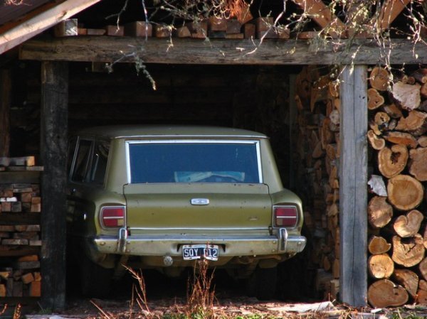 Old car in log garage