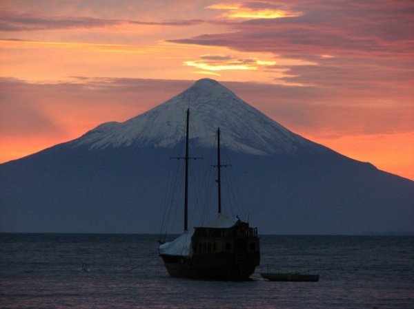 Ship and Volcan Osorno at dawn