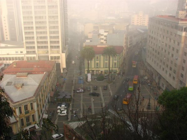 View of Plaza Hanibal Pinto through the "mist"