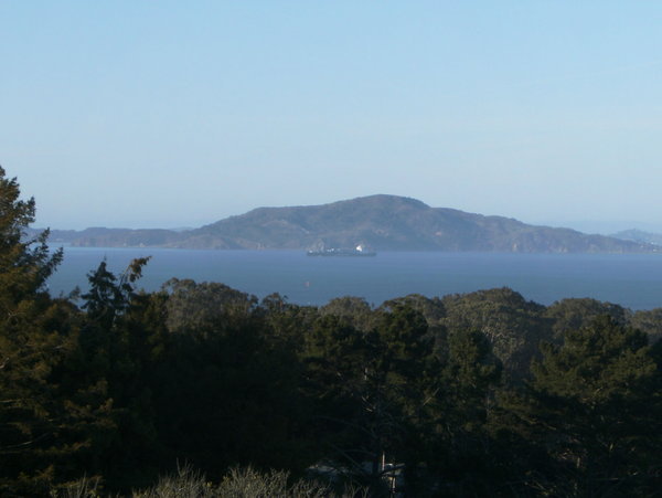 Freighter with Angel Island in background