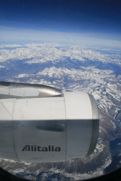 Flying over the Swiss Alps on our way to Rome