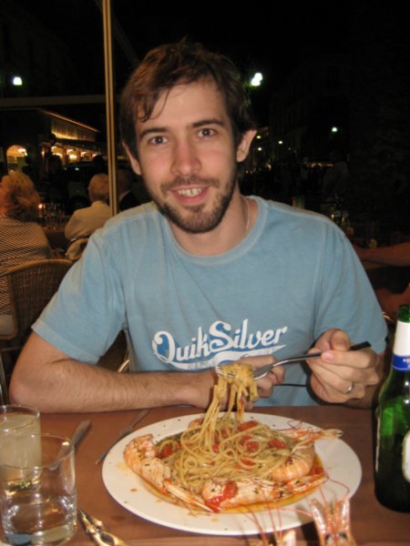 Despite the smile, Adam was very close to falling asleep in his fresh scampi pasta after a day of non stop cliff-top driving