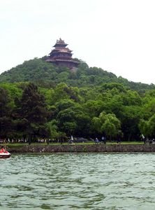 View of mountain top pavilion from the water