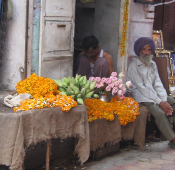 Flower seller outside one of the smaller temples in Amritsar