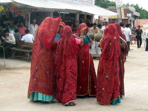 Traditional tie dyed saris worn by the women of Rajasthan