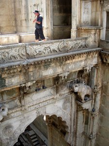 Jerry playing his newly purchased flute at the Queen's stepwell