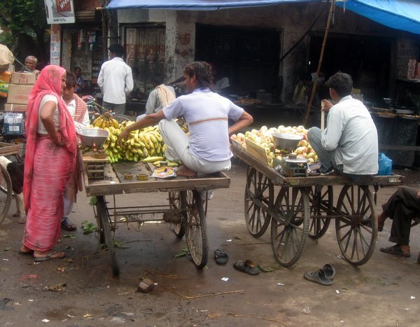Young boys selling fruit perched on their barrows in Agra