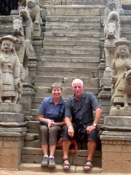 Jerry and Linny at foot of temple steps in Durbar Square, Bhaktapur