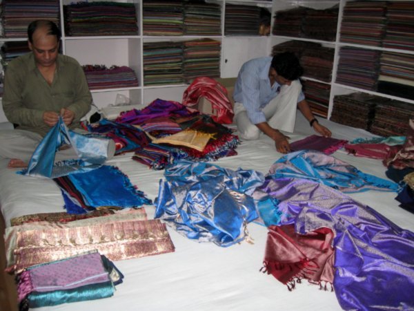 Buying silk scarves in Varanasi